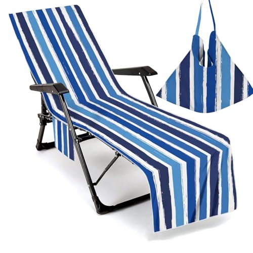 Treer Mikrofaser Sonnenliege Auflage, 2025 Moderner Stil Gartenliege Abdeckung, Frottee Schonbezug Gartenstuhl mit Taschen, Liegenauflagen für Schwimmbäder, Strände (Blaue Streifen,210x75cm) von Treer