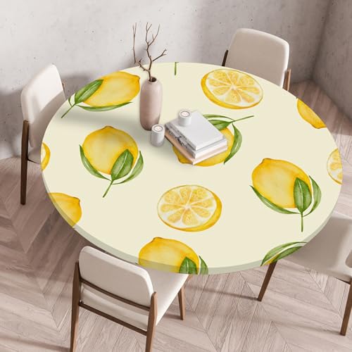 Treer Obst Tischdecke Outdoor Rund, Drucken Lotuseffekt Tischdecke Abwaschbar Elastisch Rund Gartentischdecke, für Garten, Küche, Esstisch, Parteien Tischdecken (60cm,Zitrone) von Treer