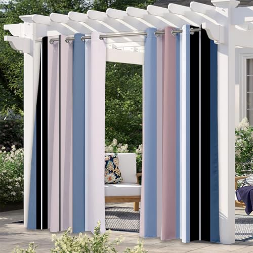 Treer Outdoor Vorhang Wasserdicht mit Ösen (1.6 inch) 2er Set, Outdoorvorhänge Sichtschutz Sonnenschutz für Balkon Terrasse Garten Pavillon (W137*L203cm,Blaue Streifen) von Treer