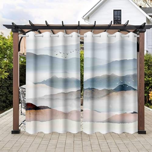 Treer Outdoor Vorhang Wasserdicht mit Ösen (1.6 inch) 2er Set,Landschaft Outdoorvorhänge Sichtschutz Sonnenschutz für Balkon Terrasse Garten Pavillon (W91x L213cm,Hügel) von Treer