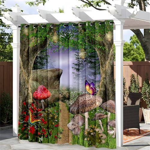 Treer Pilzmuster Outdoor Vorhang mit Ösen, Wasserdicht Blickdicht Outdoorvorhänge Sichtschutz Sonnenschutz für Patio Balkon Terrasse Garten Pavillon (Dschungelpilze 6,W132*L274cm) von Treer