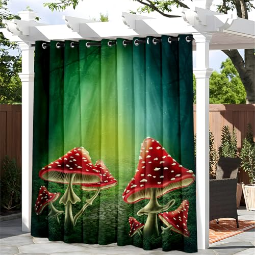 Treer Pilzmuster Outdoor Vorhang mit Ösen, Wasserdicht Blickdicht Outdoorvorhänge Sichtschutz Sonnenschutz für Patio Balkon Terrasse Garten Pavillon (Verträumter Stil 2,W132*L137cm) von Treer