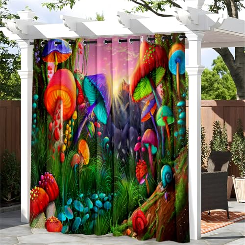 Treer Pilzmuster Outdoor Vorhang mit Ösen, Wasserdicht Blickdicht Outdoorvorhänge Sichtschutz Sonnenschutz für Patio Balkon Terrasse Garten Pavillon (Verträumter Stil 3,W132*L304cm) von Treer
