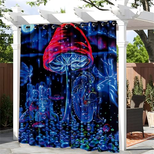 Treer Pilzmuster Outdoor Vorhang mit Ösen, Wasserdicht Blickdicht Outdoorvorhänge Sichtschutz Sonnenschutz für Patio Balkon Terrasse Garten Pavillon (Verträumter Stil 5,W100*L140cm) von Treer