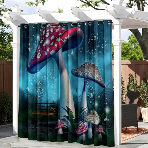 Treer Pilzmuster Outdoor Vorhang mit Ösen, Wasserdicht Blickdicht Outdoorvorhänge Sichtschutz Sonnenschutz für Patio Balkon Terrasse Garten Pavillon (Verträumter Stil 6,W150*L166cm) von Treer