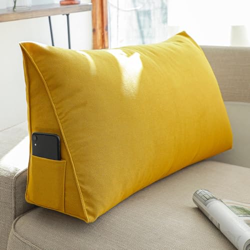 Treer Rückenkissen Lesekissen Keilkissen für Bett Sofa, Einfarbig Großes Lendenkissen Rückenlehne Dreieckigen abnehmbarem Bezug Kopfteilkissen Bettkissen mit Seitenfach (70x35x20cm,helles Gelb) von Treer