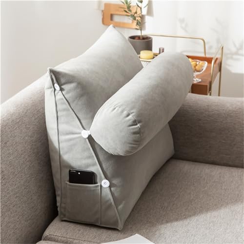 Treer Rückenkissen Lesekissen Keilkissen für Bett Sofa, Großes Lendenkissen Rückenlehne Dreieckigen Abnehmbarem Bezug Kopfteilkissen Bettkissen mit Seitenfach - Bunt (60 * 50 * 20cm,Hellgrau) von Treer
