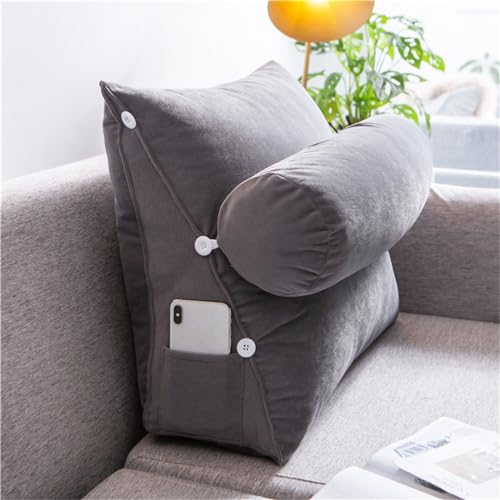 Treer Rückenkissen Lesekissen Keilkissen für Bett Sofa, Großes Lendenkissen Rückenlehne Dreieckigen Abnehmbarem Bezug Kopfteilkissen Bettkissen mit Seitenfach - Einfarbig (60 * 50 * 20cm,Grau) von Treer
