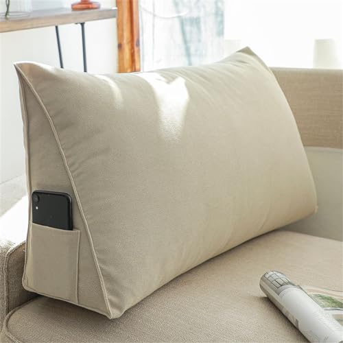 Treer Rückenkissen Lesekissen Keilkissen für Bett Sofa, Mehrfarbig Großes Lendenkissen Rückenlehne Dreieckigen Abnehmbarem Bezug Kopfteilkissen Bettkissen mit Seitenfach (70 * 35 * 20cm,Beige) von Treer