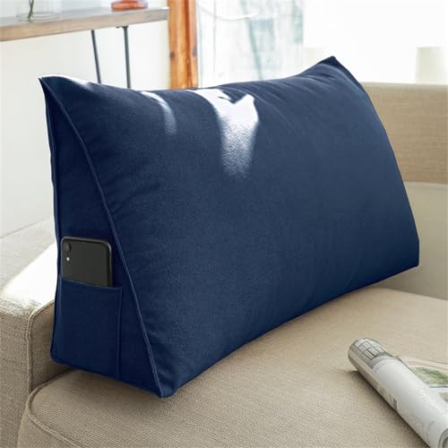 Treer Rückenkissen Lesekissen Keilkissen für Bett Sofa, Mehrfarbig Großes Lendenkissen Rückenlehne Dreieckigen Abnehmbarem Bezug Kopfteilkissen Bettkissen mit Seitenfach (70 * 35 * 20cm,Dunkelblau) von Treer