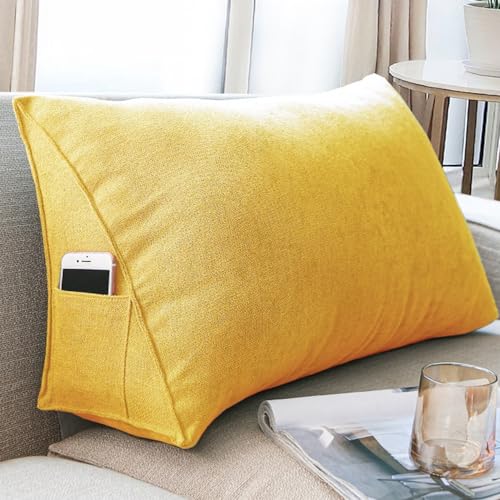 Treer Rückenkissen Lesekissen Keilkissen für Bett Sofa, Nordisch Großes Lendenkissen Rückenlehne Dreieckigen abnehmbarem Sofa Bezug Kopfteilkissen Bettkissen mit Seitenfach (60x35x20cm,Gelb) von Treer