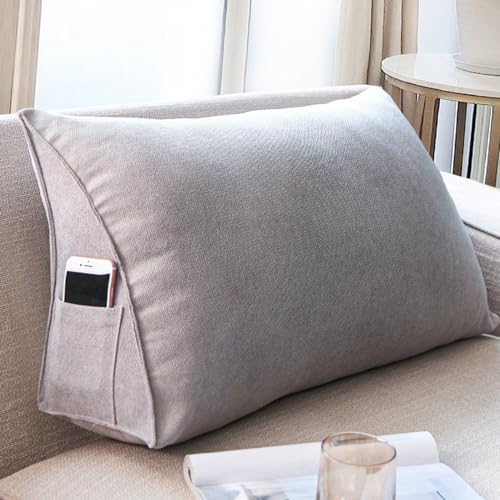 Treer Rückenkissen Lesekissen Keilkissen für Bett Sofa, Nordisch Großes Lendenkissen Rückenlehne Dreieckigen abnehmbarem Sofa Bezug Kopfteilkissen Bettkissen mit Seitenfach (70x35x20cm,Grau) von Treer