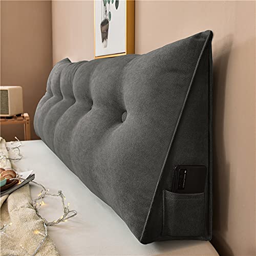 Treer Rückenkissen Lesekissen Keilkissen für Bett Sofa, Samt Großes Lendenkissen Rückenlehne Dreieckigen Abnehmbarem Bezug Kopfteilkissen Bettkissen mit Seitenfach (60 * 50 * 20cm,Dunkelgrau) von Treer