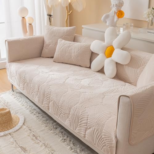 Treer Samt Sofabezug rutschfest, Bananenblätter Jacquard Sofaüberwürfe Couch Überwürfe L Form/Ecksofa Sofaschutz 1 2 3 Sitzer Sofaabdeckungen Couch Überzug Sofaschoner (Cremeweiß,70x70cm) von Treer