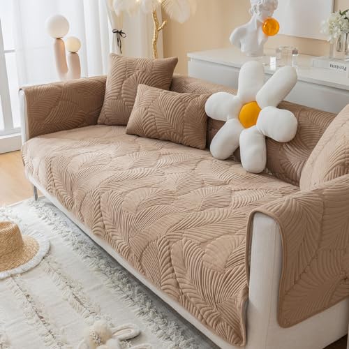 Treer Samt Sofabezug rutschfest, Bananenblätter Jacquard Sofaüberwürfe Couch Überwürfe L Form/Ecksofa Sofaschutz 1 2 3 Sitzer Sofaabdeckungen Couch Überzug Sofaschoner (Khaki-Farbe,70x70cm) von Treer
