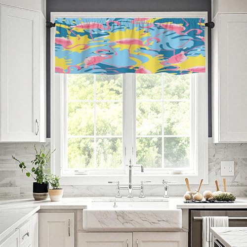 Treer Scheibengardine 1 Stück H 45 x B 137 (cm) 3D Flamingo Gardinen Kurz Vorhänge Modern Verdunklungsvorhänge, Vorhang Blickdicht Waschbar Curtains für Küchen & Schlafzimmer (blau,137x45cm) von Treer