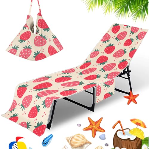 Treer Schonbezug für Gartenliege, Obstdruck Sonnenliege Auflage, Mikrofaser Gartenliege Abdeckung, Frottee Schonbezug Gartenstuhl mit Taschen für Schwimmbäder Strände Garten (Erdbeeren,75x210cm) von Treer