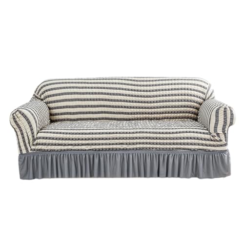 Treer Seersucker Sofabezug mit Rock, Stretch Sofabezüge 1/2/3/4 Sitzer Elastisch Antirutsch Sofahusse Sofa Hussen Universal Couchbezug Sofaschoner Abwaschbar (3 Sitzer,Silber grau) von Treer