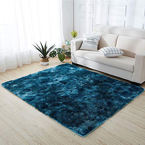 Treer Shaggy Teppiche Ultraweiche, Anti-Skid Tie dye Wohnzimmerteppich Langflor Quadrat Carpet, Fluffy Schlafzimmer Esszimmer Kinderzimmer Decor (Dunkelblau,160 * 200cm) von Treer