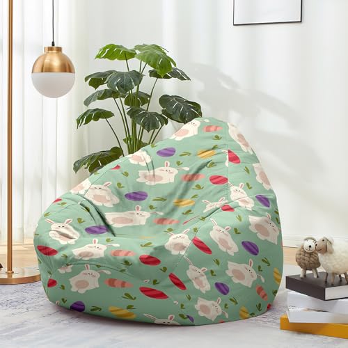 Treer Sitzsack Indoor nur Bezug (Keine Füllung) für Kinder und Erwachsene, Osterei Hase Druck Sitzsack Sessel aus Stoff Waschbar Aufbewahrung Sitzsackbezug mit Reißverschlus (Grün,70x80cm) von Treer