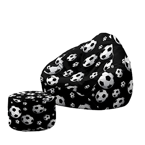 Treer Sitzsack mit Lehne und Hocker mit Ohne Füllung Großes Sofa Lazy Lounger Sitzsack Stuhlbezug Indoor Sitzsack Abdeckung Fußballspiel für Kinder und Jugendliche (90x100+20x30cm,Schwarz) von Treer