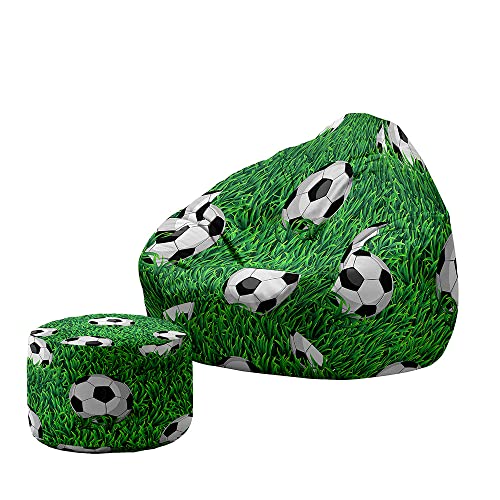 Treer Sitzsack mit Lehne und Hocker mit Ohne Füllung Großes Sofa Lazy Lounger Sitzsack Stuhlbezug Indoor Sitzsack Abdeckung für Kinder und Jugendliche (100x120+20x30cm,Fußball E) von Treer