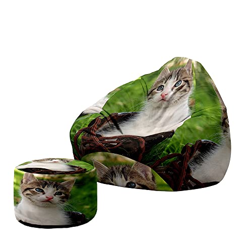 Treer Sitzsack mit Lehne und Hocker mit Ohne Füllung Großes Sofa Lazy Lounger Sitzsack Stuhlbezug Indoor Sitzsack Abdeckung für Kinder und Jugendliche (70x80+20x30cm,Katze 9) von Treer