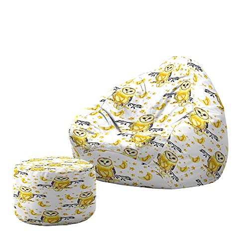 Treer Sitzsack mit Lehne und Hocker mit Ohne Füllung Großes Sofa Lazy Lounger Sitzsack Stuhlbezug Indoor Sitzsack Abdeckung für Kinder und Jugendliche (90x100+20x30cm,Zeichentrickfilm Eule 4) von Treer