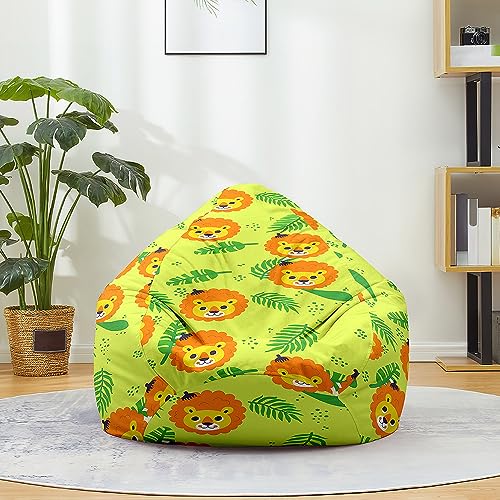 Treer Sitzsack ohne Füllung Lazy Lounger Bean Bag Chair Cover, Cartoon Löwe Druck Leinen Sitzsäcke Sitzsackbezug, Spielzeug Aufbewahrung Sitzkissen für Kinder & Erwachsene (Grün,130x150 cm) von Treer