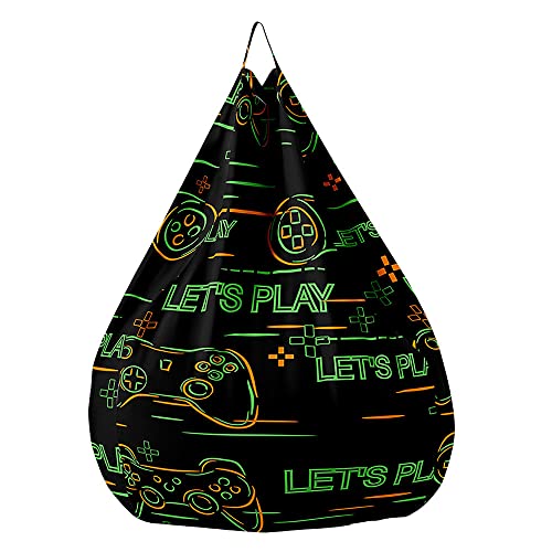Treer Sitzsack ohne Füllung für Kinder & Erwachsene, 3D-Gamepad-Druck Lazy Bean Bag Sitzsäcke Sitzsackbezug, Spielzeug Aufbewahrung Sitzkissen mit Reißverschlus & Cord (Schwarz Grün,100x120cm) von Treer