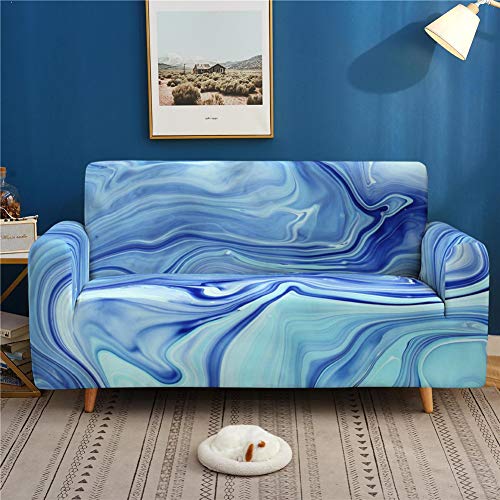 Treer Sofa Überwürfe Sofabezug, 3D Marmordruck 1 2 3 4 Sitzer Elastisch Schonbezug Antirutsch Sofa Abdeckung Hussen Polyester Stretch Abwaschbar Slipcover (Blauer Marmor,2 Sitzer) von Treer