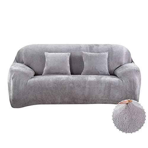 Treer Sofa Überzug Samt 1 2 3 4 Sitzer, Feste Farbe Sofaüberzug Stretch Sofabezug Elastisch Universal Schonbezug Sofa Antirutsch Sofa Hussen Spandex Sofaschoner Sofahusse (Grau,3 Sitzer) von Treer