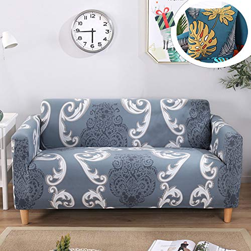 Treer Sofabezug Retro Muster, 4 Sitzer Elastisch mit Armlehnen Überwürfe Sofa Polyester Stretch Anti-Rutsch Sofaüberwurf, 2 Stück (Sofabezug+Gleicher Kissenbezug) (2 Sitzer,Grau) von Treer