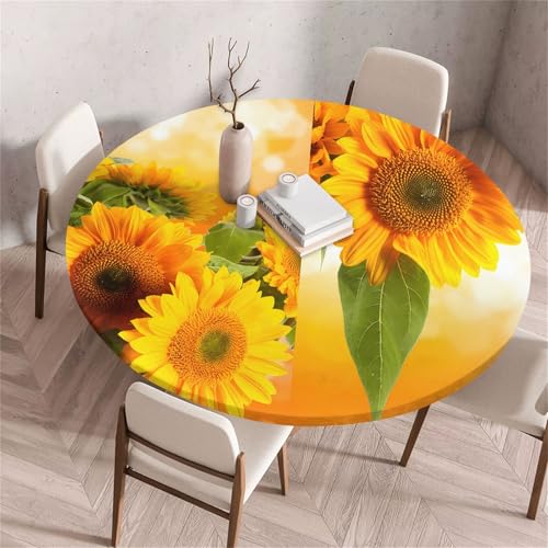 Treer Sonnenblumengarten Druck Tischdecke Outdoor Rund, Lotuseffekt Tischdecke Abwaschbar Elastisch Rund Gartentischdecke, für Garten, Küche, Esstisch, Parteien Tischdecken (Orange,130cm) von Treer
