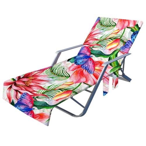 Treer Sonnenliege Auflage, 3D Pflanzenmuster Gartenliege Abdeckung, Frottee Schonbezug Gartenstuhl mit 2 Taschen, für Schwimmbäder Strände Gartenhotels Liegenauflagen (Schmetterlinge,75x210cm) von Treer