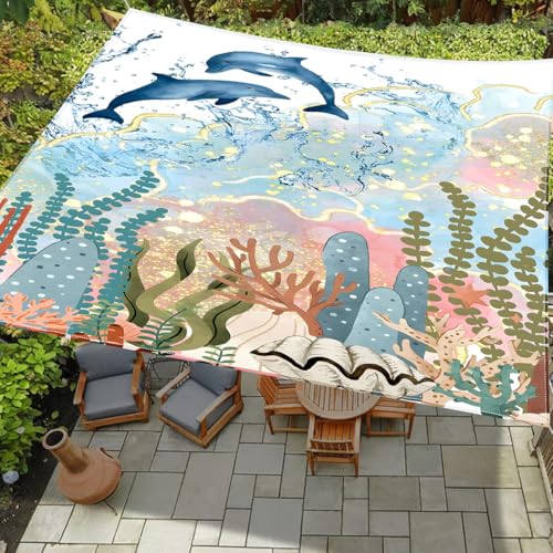 Treer Sonnensegel Rechteckig Wasserdicht, 3D Strand Druck PES Sonnenschutz Strand Markise Reißfest Wetterfest UV-Schut für Garten Balkon Terrasse (Delfin,150x150cm) von Treer