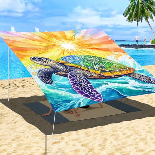 Treer Sonnensegel Rechteckig Wasserdicht, Schildkröte Drucken PES Sonnenschutz Strand Markise Reißfest Wetterfest UV-Schut für Garten Balkon Terrasse (Sonne,200x200cm) von Treer