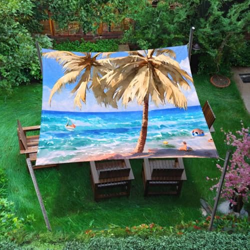 Treer Sonnensegel wasserdichte Rechteckig Balkon Sonnensegel 3D Kokosnussbaum-Muster Sonnenschutz Wetterfest Outdoor Markise mit Ösen und Fixseil für Garten Terrasse Camping (Stil 4,2x2m) von Treer