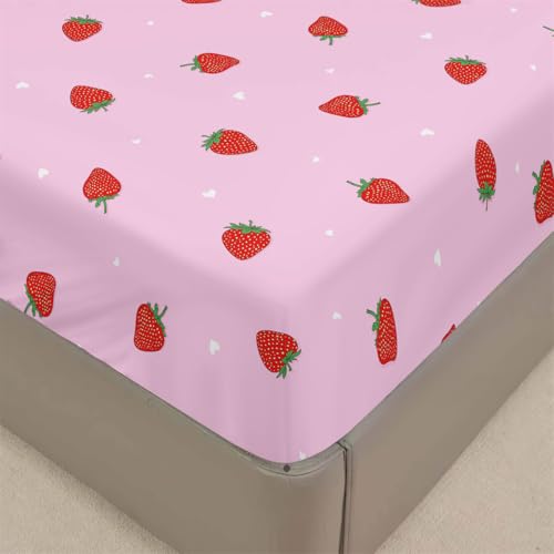 Treer Spannbettlaken Spannbetttuch Bett, Polyester Weiche Bettlaken Ultra-Tiefe Matratzenschoner für Bettw Sche bis 30cm Matratzenschoner (Erdbeere,180 * 200+30cm) von Treer
