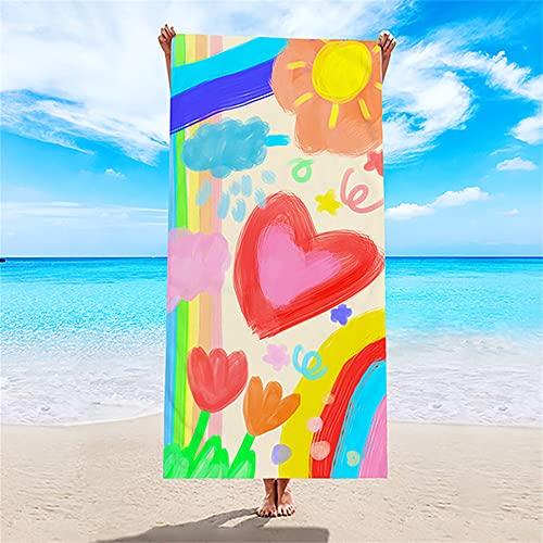 Treer Strandtuch Mikrofaser Schnell Trocknende, Weich & Saugfähig Groß Badetuch Leichte Stranddecke Kinder und Erwachsene Handtücher für Strand Pool Camp (70x150cm,Regenbogen Herzen) von Treer