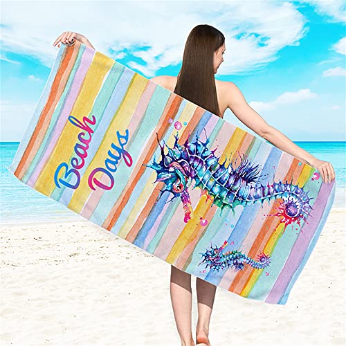Treer Strandtuch Mikrofaser Schnell Trocknende, Weich & Saugfähig Groß Badetuch Leichte Stranddecke Kinder und Erwachsene Handtücher für Strand Pool Camp (70x150cm,Seepferdchen) von Treer