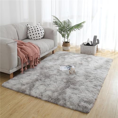 Treer Teppich Schlafzimmer Flauschig, Soft Modern Area Rug Weich Shaggy Teppiche Hochflor Langflor rutschfest Fellteppich Kunstfell Fell Carpet für Wohnzimmer (60x120CM,Hellgrau Gradient) von Treer