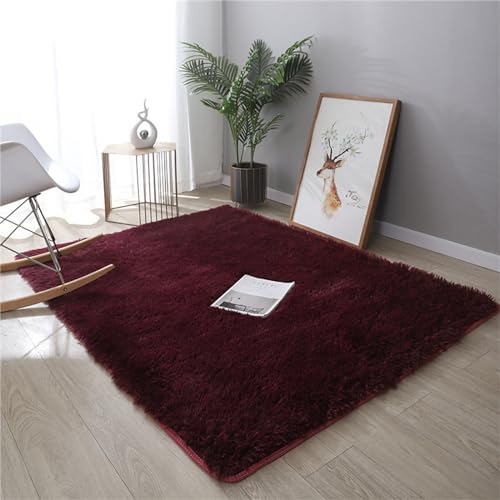 Treer Teppich Wohnzimmer Flauschig, Soft Modern Area Rug Weich Shaggy Teppiche Hochflor Langflor rutschfest Fellteppich Kunstfell Fell Carpet (140x200cm,Burgunderrot) von Treer