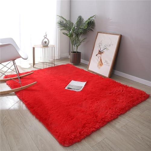 Treer Teppich Wohnzimmer Flauschig, Soft Modern Area Rug Weich Shaggy Teppiche Hochflor Langflor rutschfest Fellteppich Kunstfell Fell Carpet (140x200cm,Großes Rot) von Treer