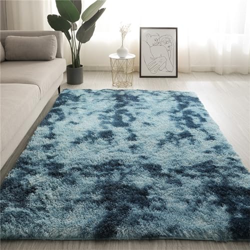 Treer Teppich Wohnzimmer Flauschig, Soft Modern Area Rug Weich Shaggy Teppiche Hochflor Langflor rutschfest Fellteppich Kunstfell Fell Carpet für Schlafzimmer (180 * 200cm,Tie-dye grau blau) von Treer