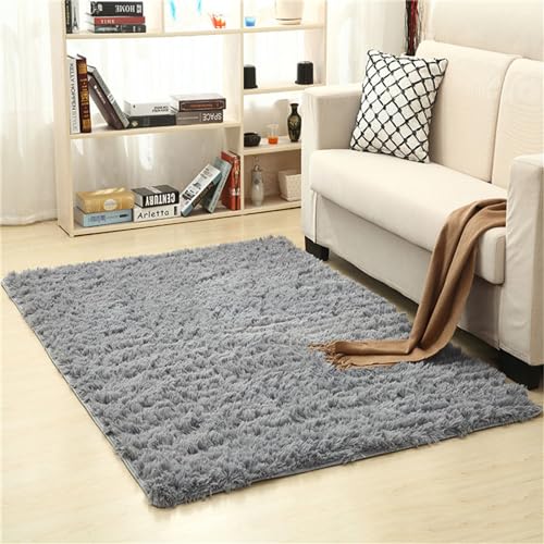 Treer Teppich Wohnzimmer Flauschig, Soft Modern Area Rug Weich Shaggy Teppiche Hochflor Langflor rutschfest Fellteppich Kunstfell Fell Carpet für Schlafzimmer (60x90CM,Silbergrau) von Treer