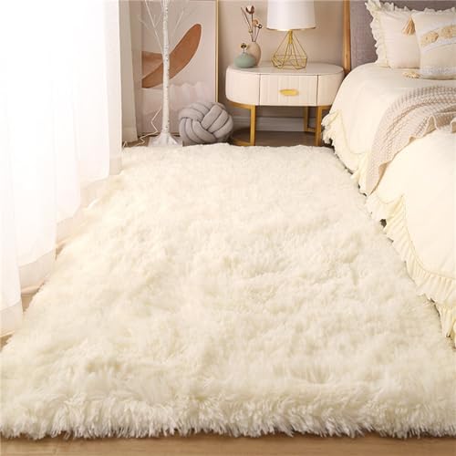 Treer Teppich Wohnzimmer Flauschig, Soft Modern Area Rug Weich Shaggy Teppiche Hochflor Langflor rutschfest Fellteppich Kunstfell Fell Carpet für Schlafzimmer Nachttisch (80 * 200cm,Weiß) von Treer