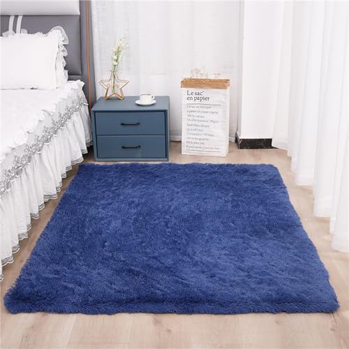 Treer Teppich Wohnzimmer Flauschig, Soft Modern Area Rug Weich Shaggy Teppiche Langflor rutschfest Fellteppich Kunstfell Fell Carpet für Schlafzimmer Nachttisch (120x160cm,Blau) von Treer