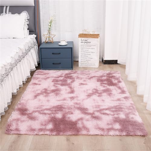 Treer Teppich Wohnzimmer Flauschig, Soft Modern Area Rug Weich Shaggy Teppiche Langflor rutschfest Fellteppich Kunstfell Fell Carpet für Schlafzimmer Nachttisch (120x160cm,Tie-dye Rosa) von Treer