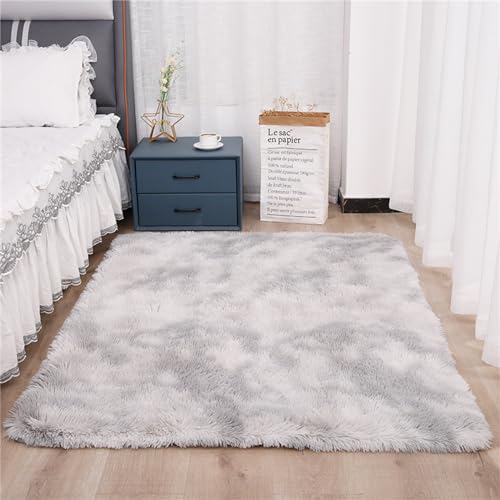 Treer Teppich Wohnzimmer Flauschig, Soft Modern Area Rug Weich Shaggy Teppiche Langflor rutschfest Fellteppich Kunstfell Fell Carpet für Schlafzimmer Nachttisch (160x230cm,Tie-dye hellgrau) von Treer